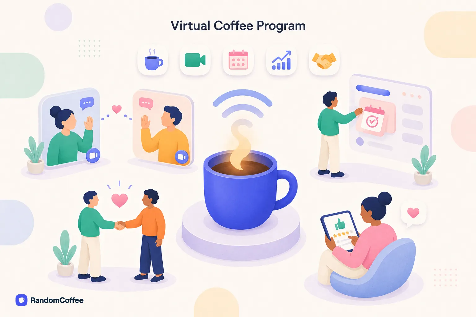 Illustration montrant un réseau de micro-connexions entre collègues, avec des scènes d'accueil, d'échange informel et de soutien au retour.