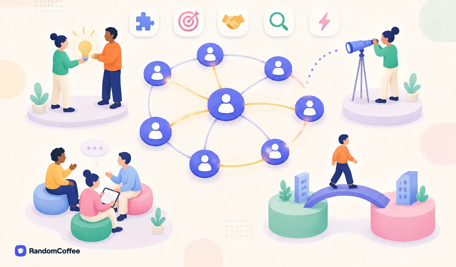 Ilustración de una red de conexiones entre equipos, con empleados que intercambian ideas, exploran nuevas conexiones y cruzan puentes entre departamentos.