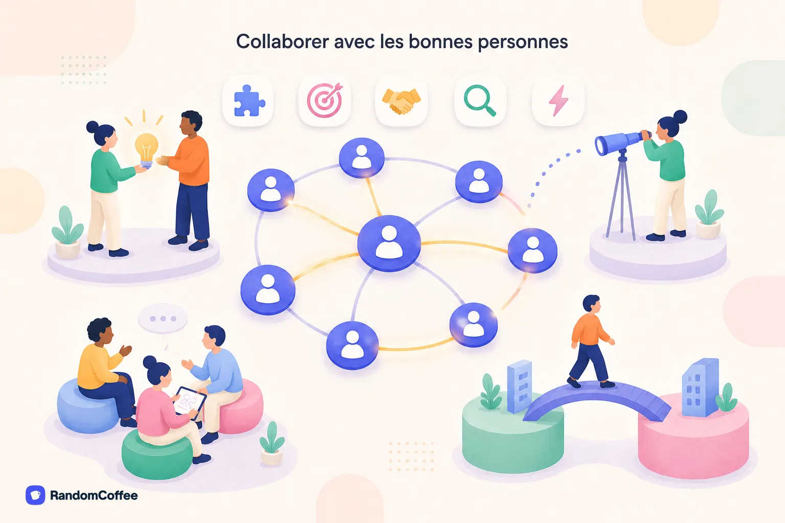 Illustration montrant un réseau de connexions inter-équipes avec des collaborateurs échangeant des idées, explorant de nouvelles connexions et traversant des ponts entre départements.