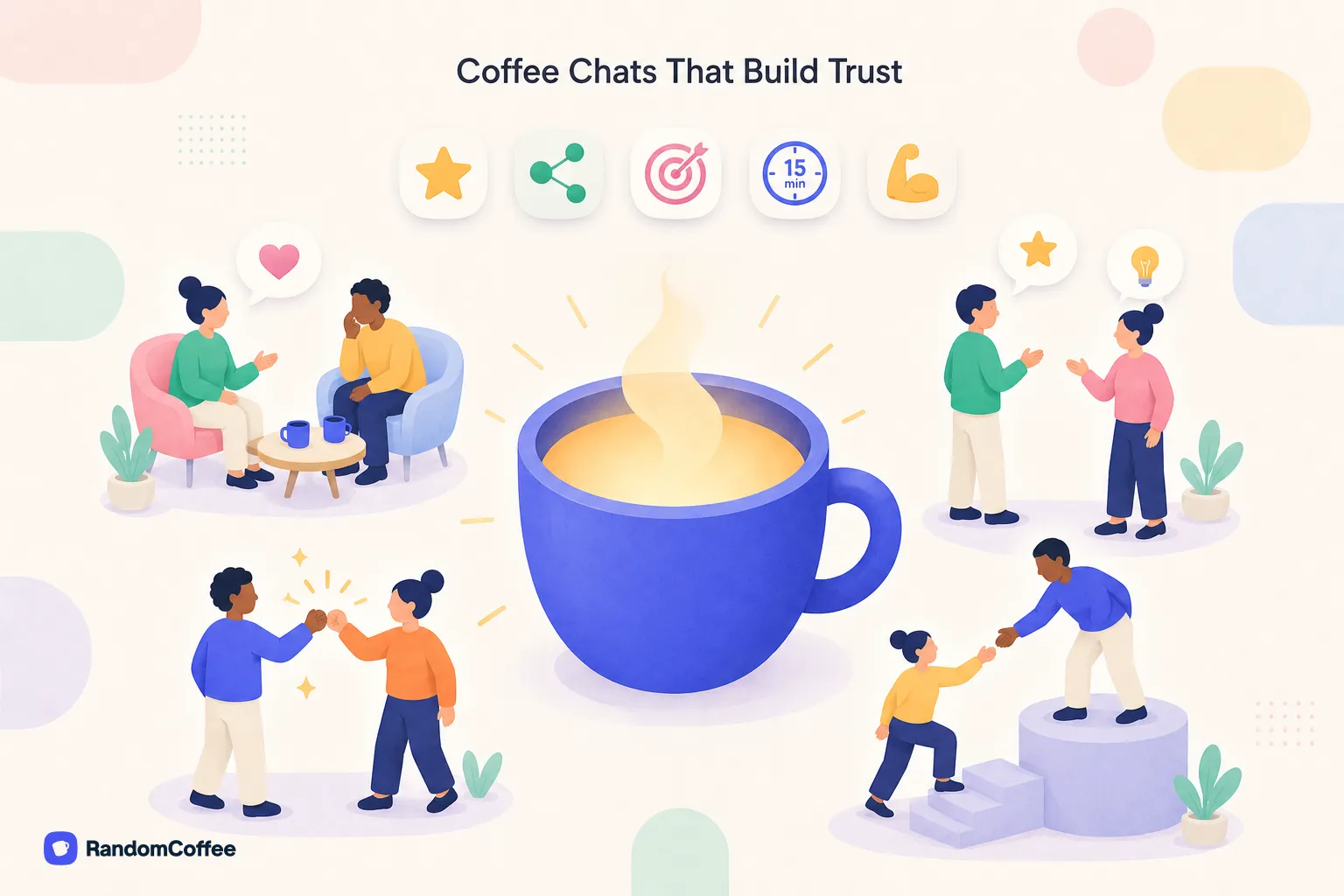 Illustration showing managers and employees in trust-building coffee chat scenarios: active listening, fist bumps, idea sharing, and helping each other grow.