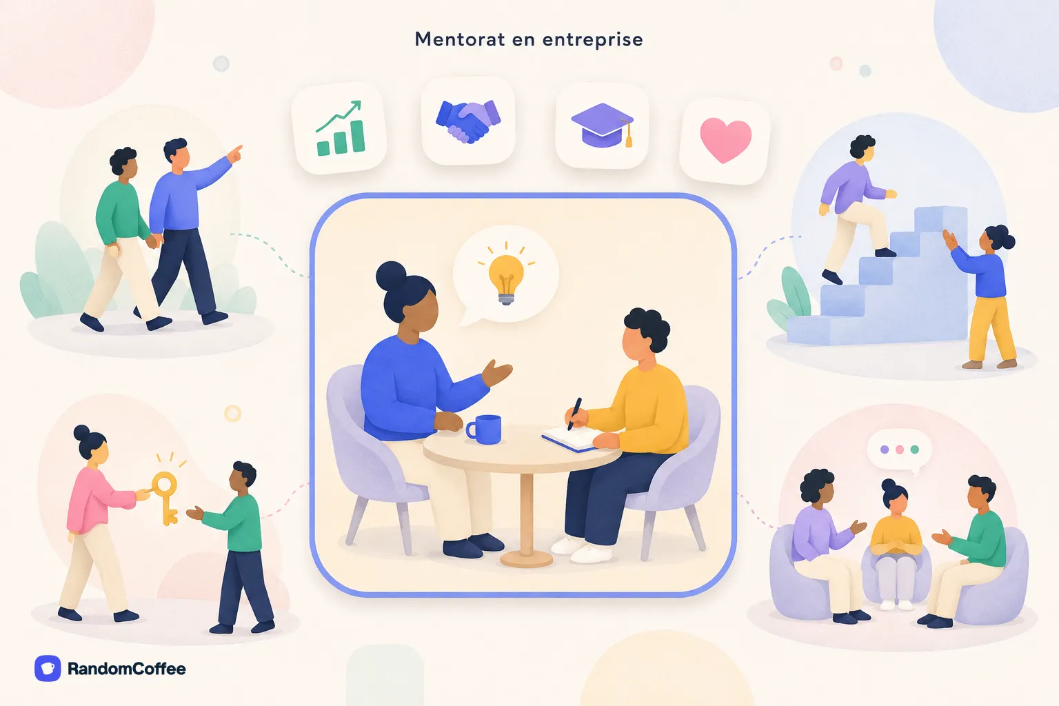 Illustration montrant des collaborateurs en situation de mentorat : conversations, partage de connaissances et développement professionnel.