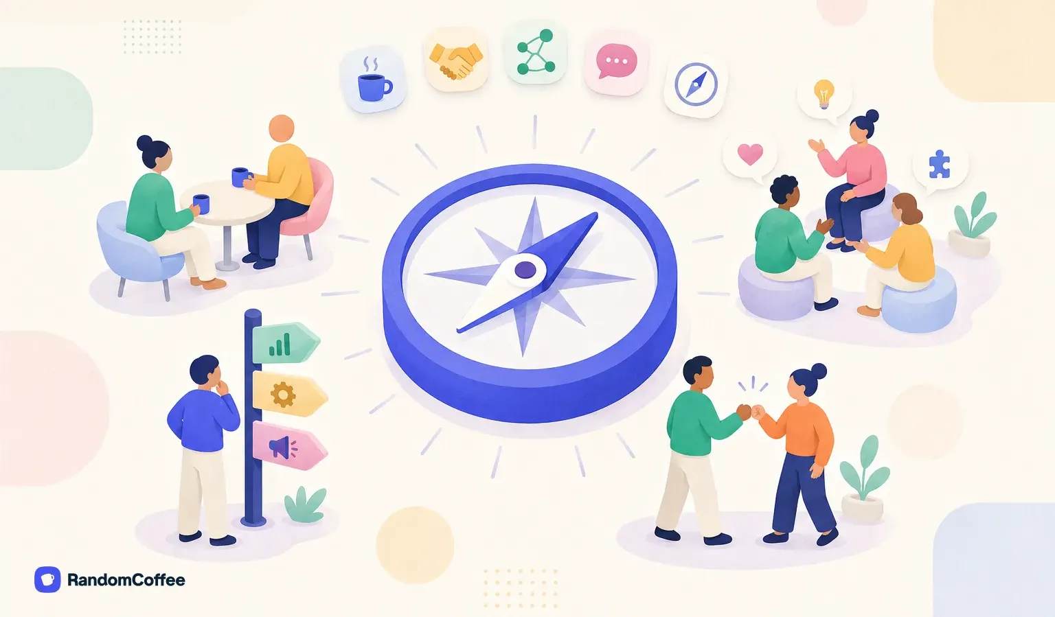 Illustration: Kolleginnen und Kollegen vernetzen sich rund um einen Kompass, der für Sinn in der Arbeit steht: informelle Kaffeepausen, teamübergreifende Gespräche und Handschläge.