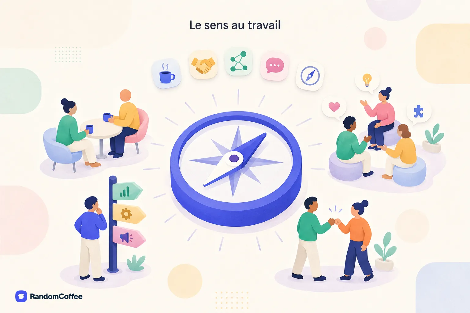 Illustration montrant des collègues se connectant autour d'une boussole symbolisant le sens au travail : cafés informels, échanges inter-équipes et poignées de main.