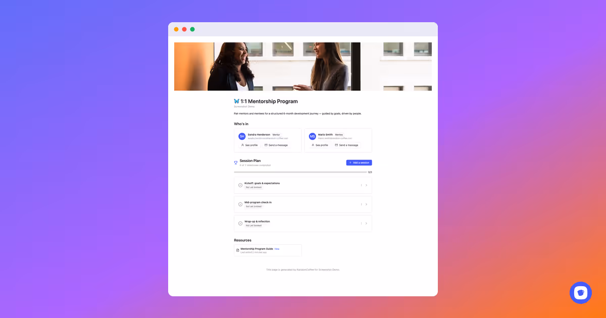 Milestones page showing a mentor/mentee pair's session plan and resources