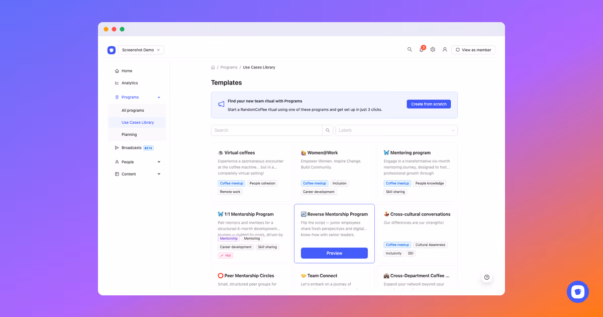 Mentorship program templates in RandomCoffee